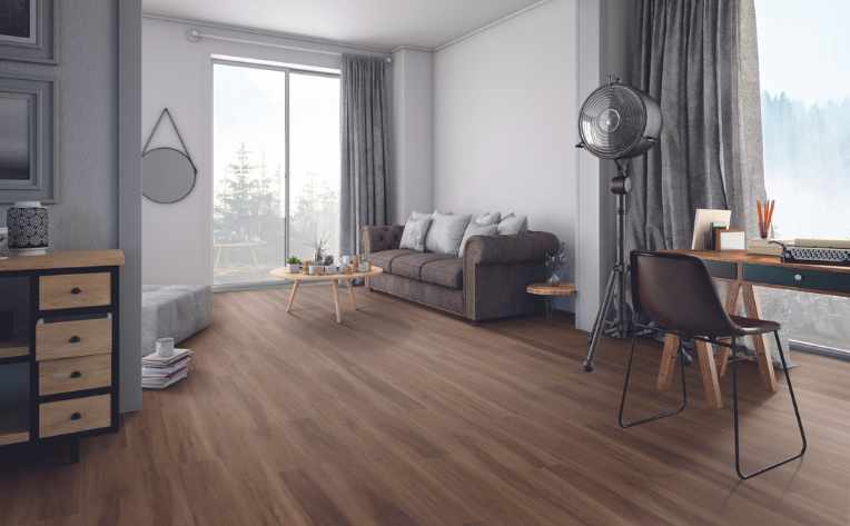 wood-look luxury vinyl in modern home office living room